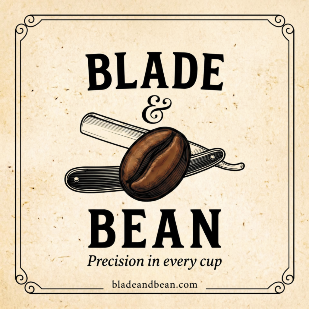 Logo of Blade & Bean with a coffee bean and knife on a textured beige background