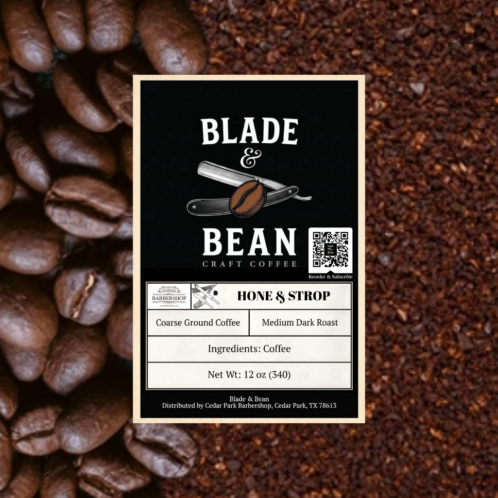 Label for Blade & Bean craft coffee with coffee beans and grounds in the background