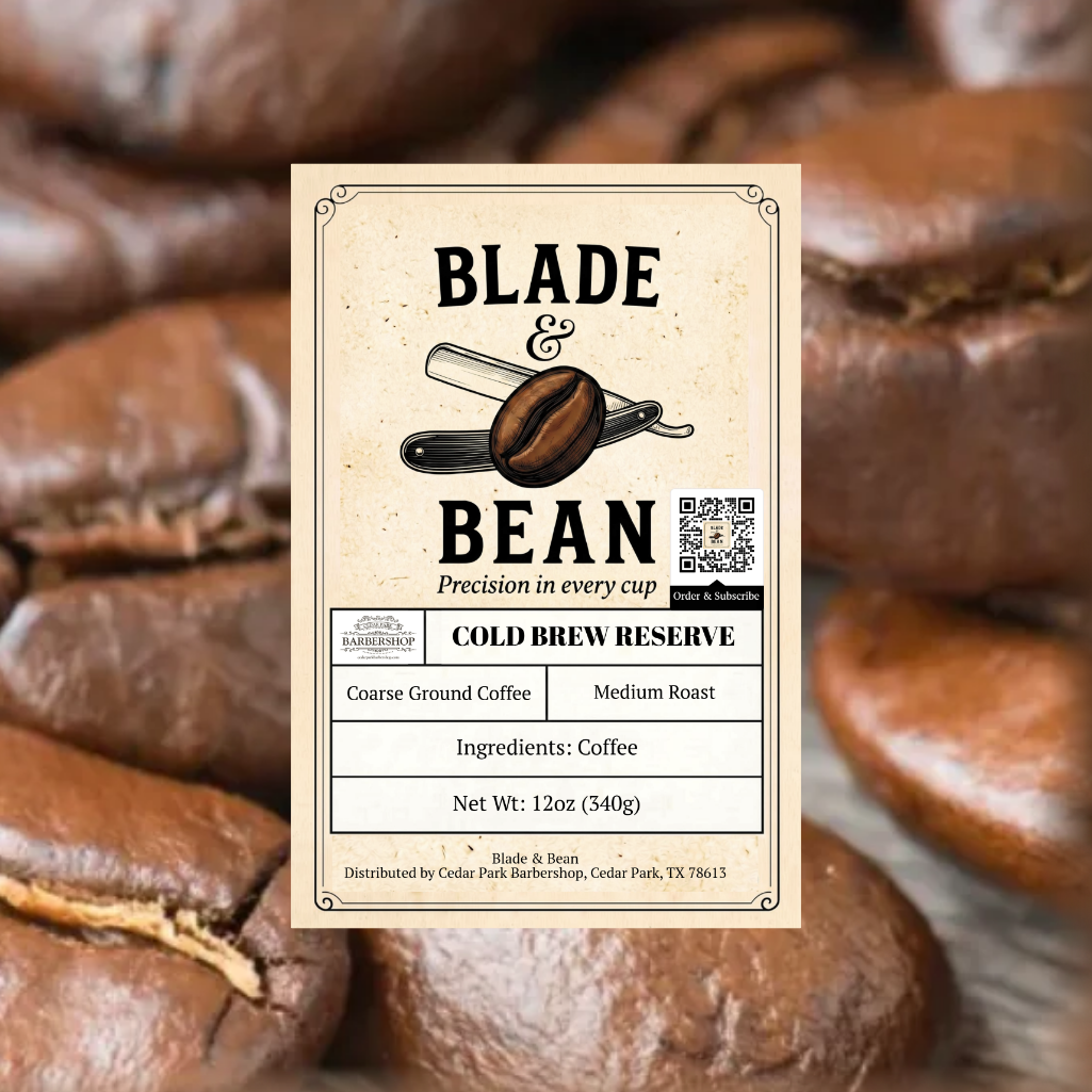Coffee label for 'Blade & Bean Cold Brew Reserve' with coffee beans in the background