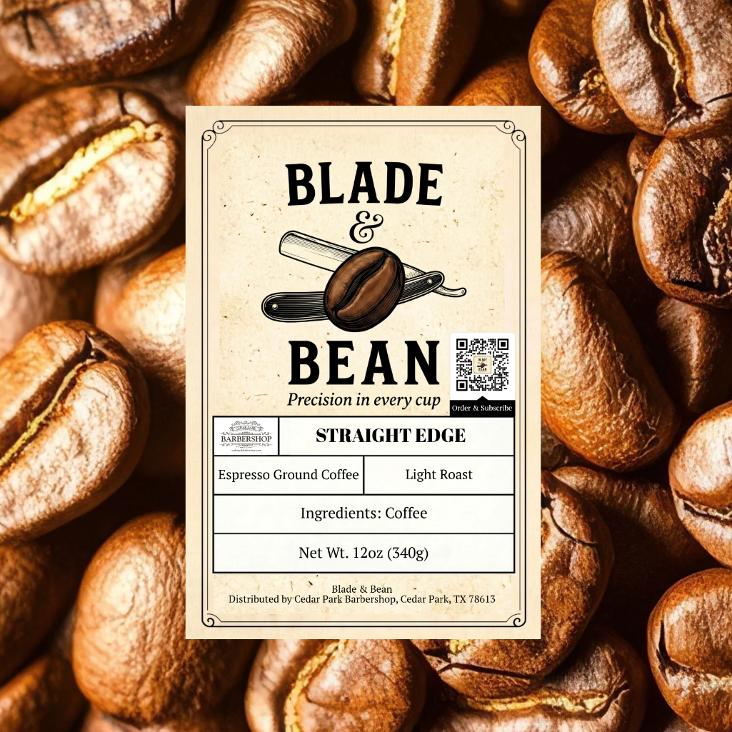 Blade & Bean coffee label on a background of light roast coffee beans