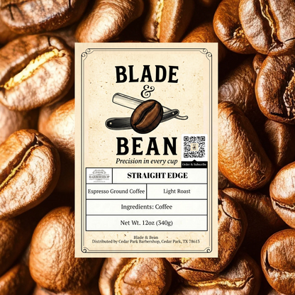 Blade & Bean coffee label on a background of light roast coffee beans