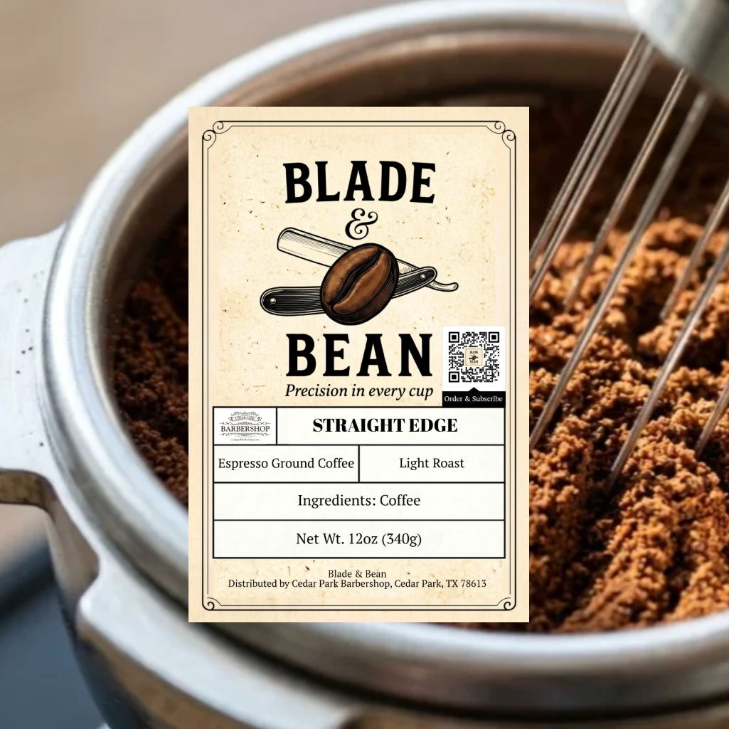 A coffee bag label for Blade & Bean Straightedge espresso ground coffee is shown in front of a background of coffee beans being brewed in a pot with a whisk.
