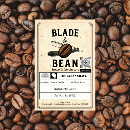 Label for Blade & Bean Single Origin Reserve coffee on a background of coffee beans
