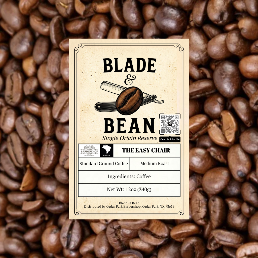 Coffee label for 'Blade & Bean' on a background of coffee beans