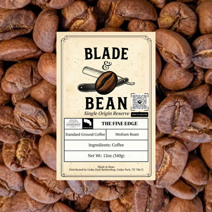 Coffee bean label with 'Blade & Bean' branding on a background of coffee beans.