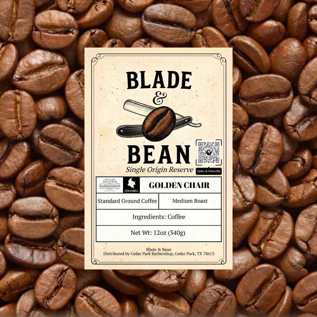 Coffee bean label for 'Blade & Bean' on a background of coffee beans