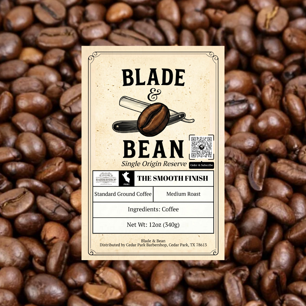 Coffee label for 'Blade & Bean' on a background of coffee beans
