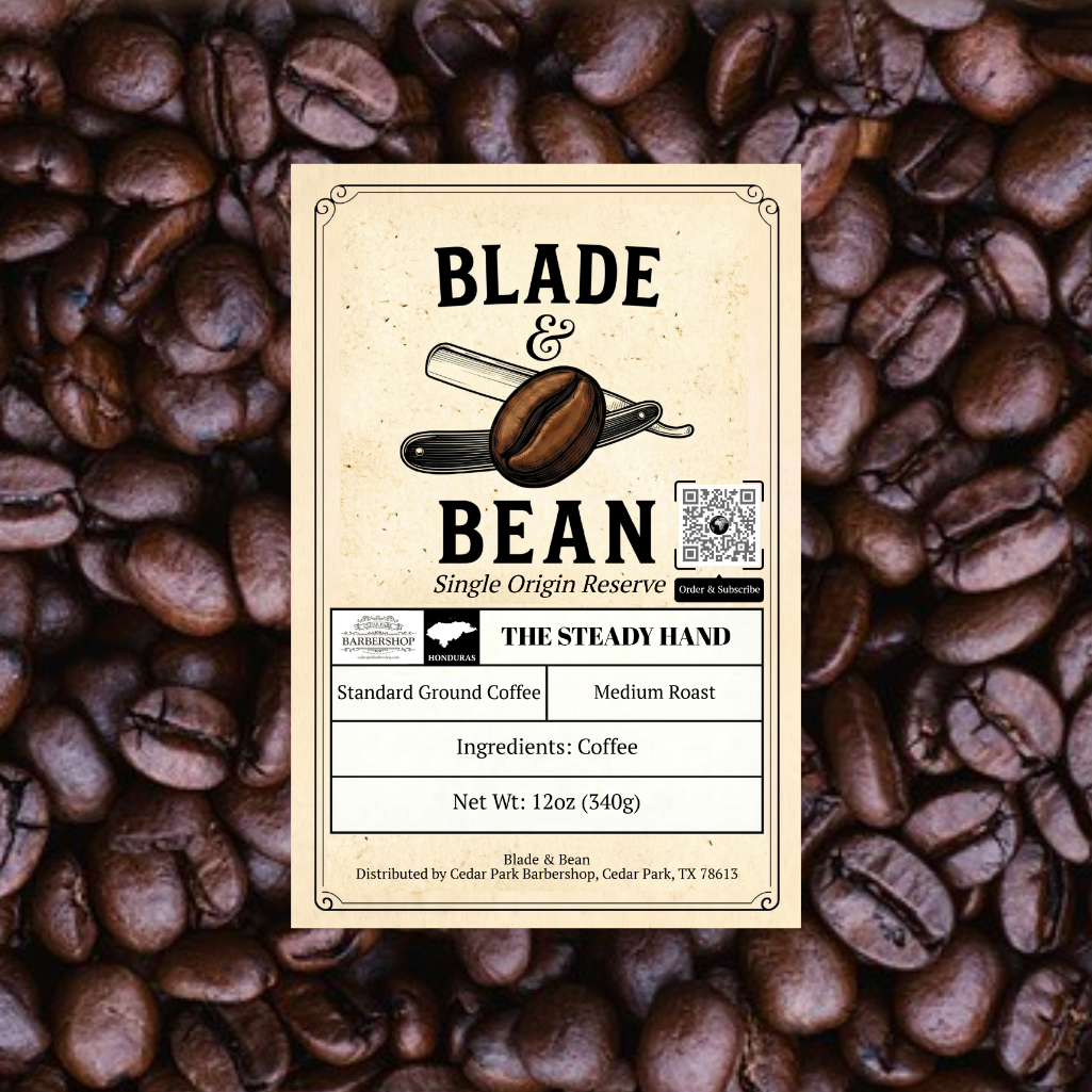 Blade & Bean coffee label on a background of coffee beans