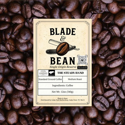 Blade & Bean coffee label on a background of coffee beans
