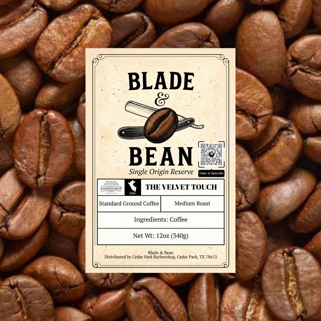 Coffee label for 'Blade & Bean' on a background of coffee beans