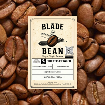 Coffee label for 'Blade & Bean' on a background of coffee beans