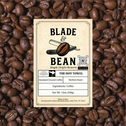 Coffee label for 'Blade & Bean' on a background of coffee beans