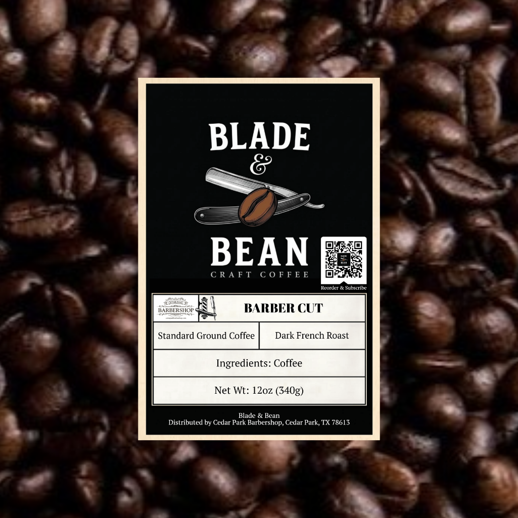 Label for Blade & Bean craft coffee on a background of coffee beans