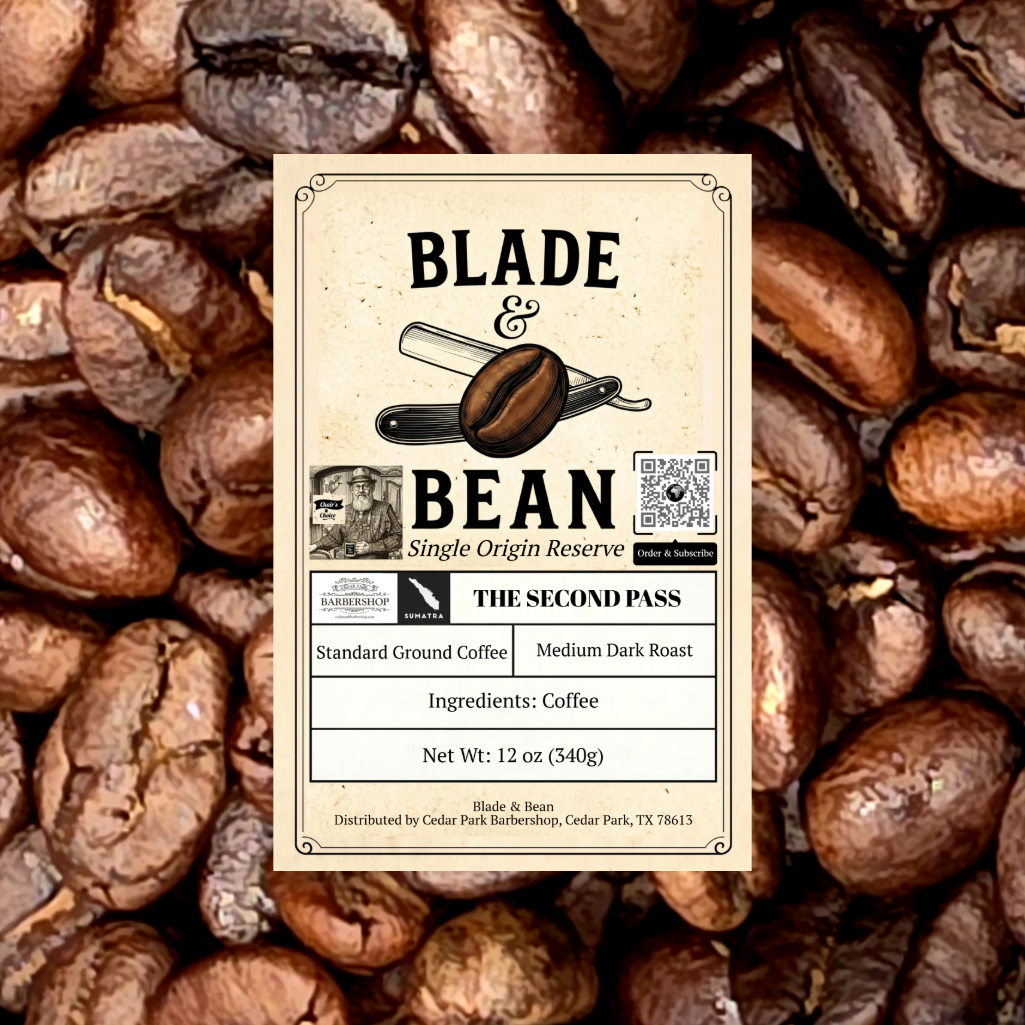 A centered product label for Blade & Bean coffee stands against a background of roasted coffee beans. The label reads 'BLADE & BEAN', 'Single Origin Reserve', and 'THE SECOND PASS', with additional text for standard ground coffee, medium dark roast, coffee ingredients, and net weight 12 oz (340g).