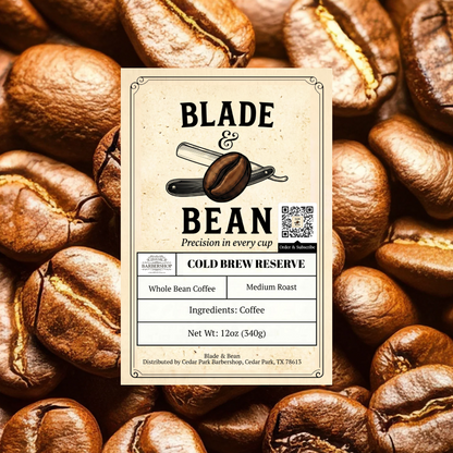 A rectangular coffee label reading BLADE & BEAN and Cold Brew Reserve, placed over a background of roasted coffee beans. The label includes product details such as whole bean coffee, medium roast, ingredients, and net weight.