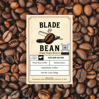 Coffee label for 'Blade & Bean' on a background of coffee beans