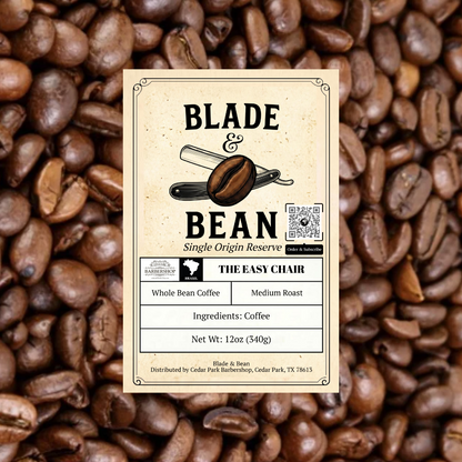 Blade & Bean coffee label on a background of coffee beans