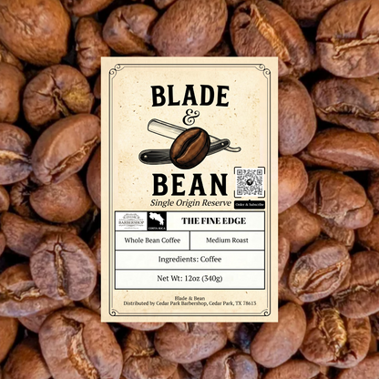 Coffee bean label for 'Blade & Bean' on a background of coffee beans