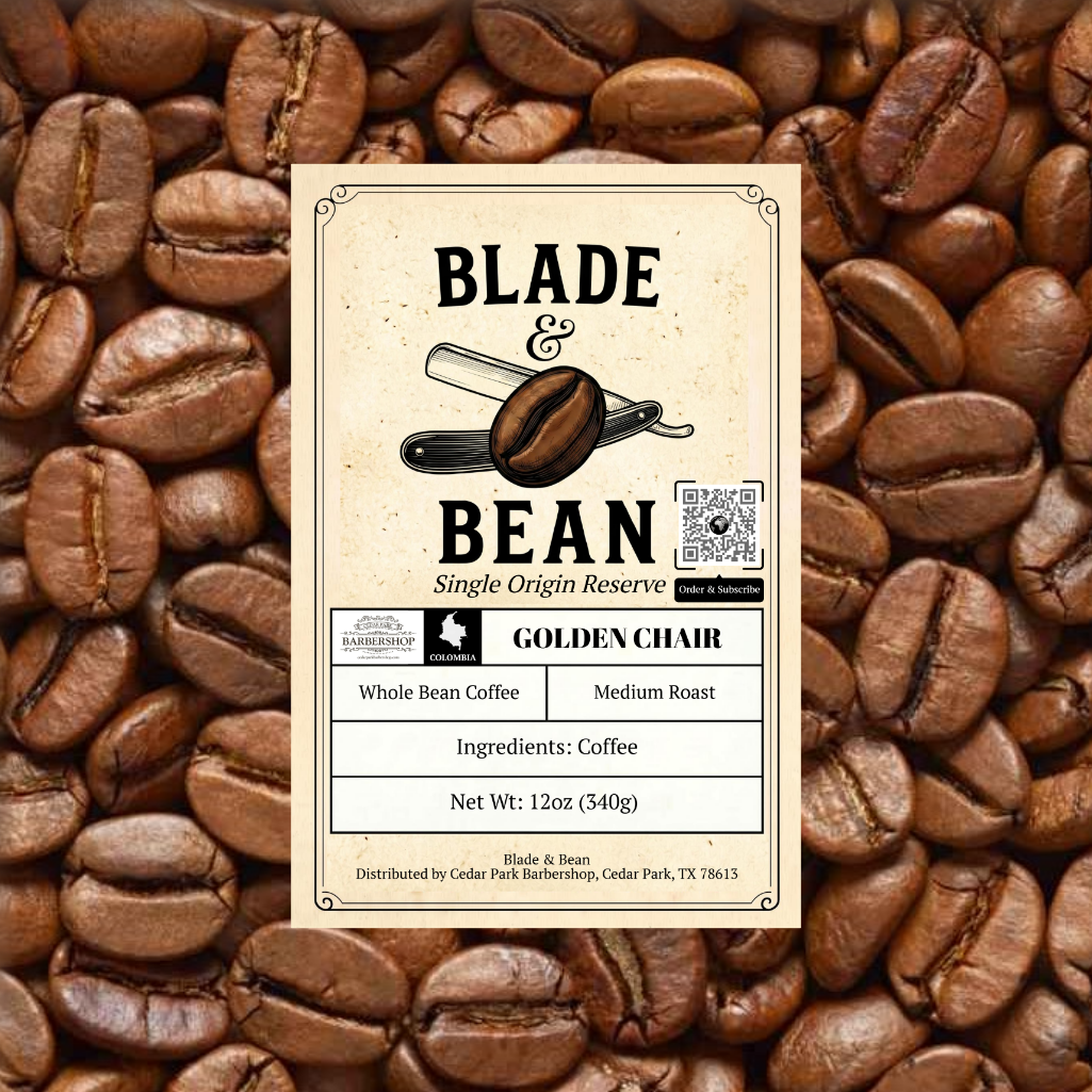 Coffee bean label for 'Blade & Bean Golden Chair' on a bed of coffee beans