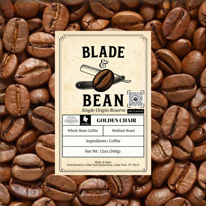 Coffee bean label for 'Blade & Bean Golden Chair' on a bed of coffee beans