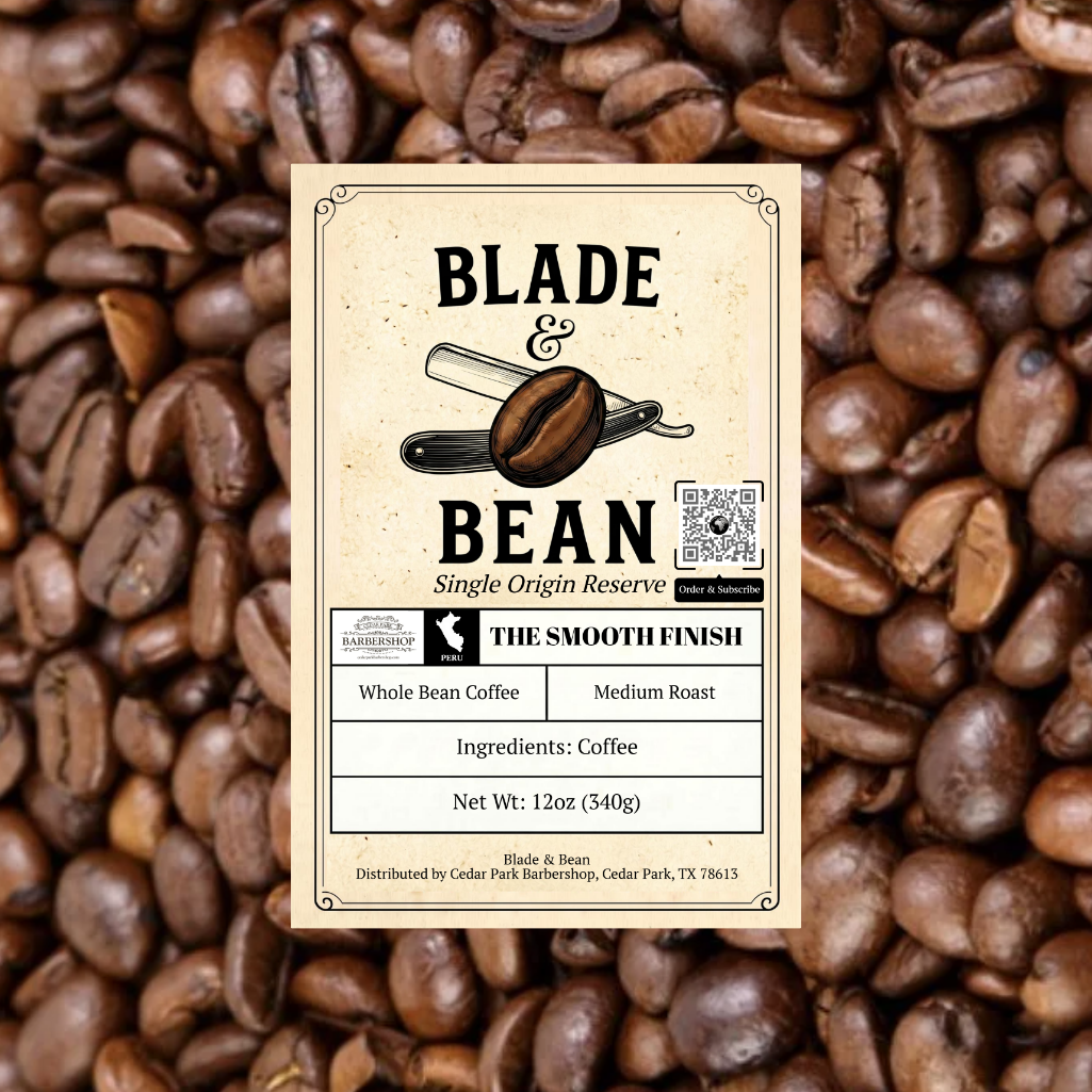Coffee label for 'Blade & Bean' on a background of coffee beans