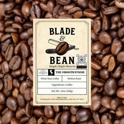 Coffee label for 'Blade & Bean' on a background of coffee beans