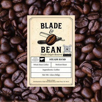 Coffee label for 'Blade & Bean' on a background of coffee beans