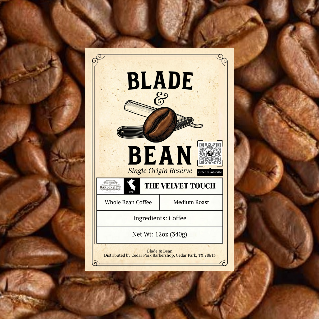 Coffee label for 'Blade & Bean' on a background of coffee beans