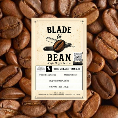 Coffee label for 'Blade & Bean' on a background of coffee beans