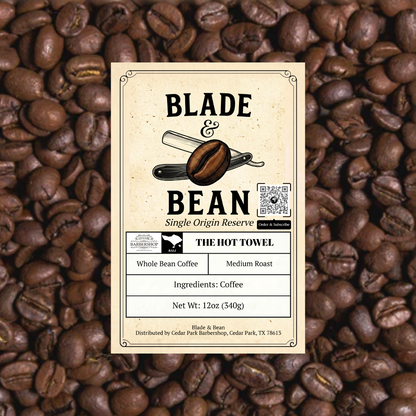 Label for Blade & Bean coffee on a background of coffee beans