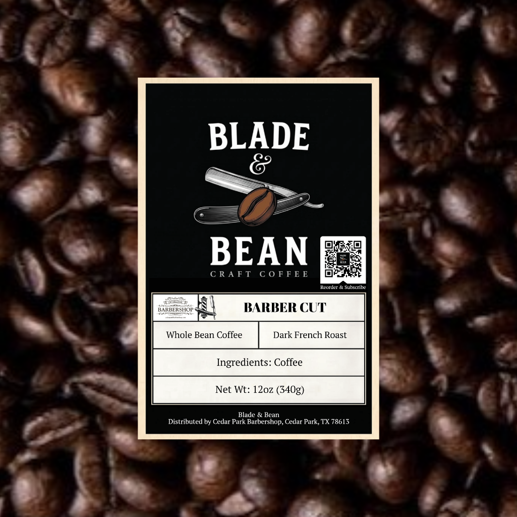 Label for Blade & Bean craft coffee on a background of coffee beans