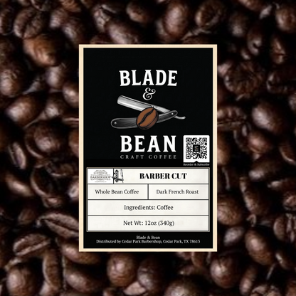 Label for Blade & Bean craft coffee on a background of coffee beans