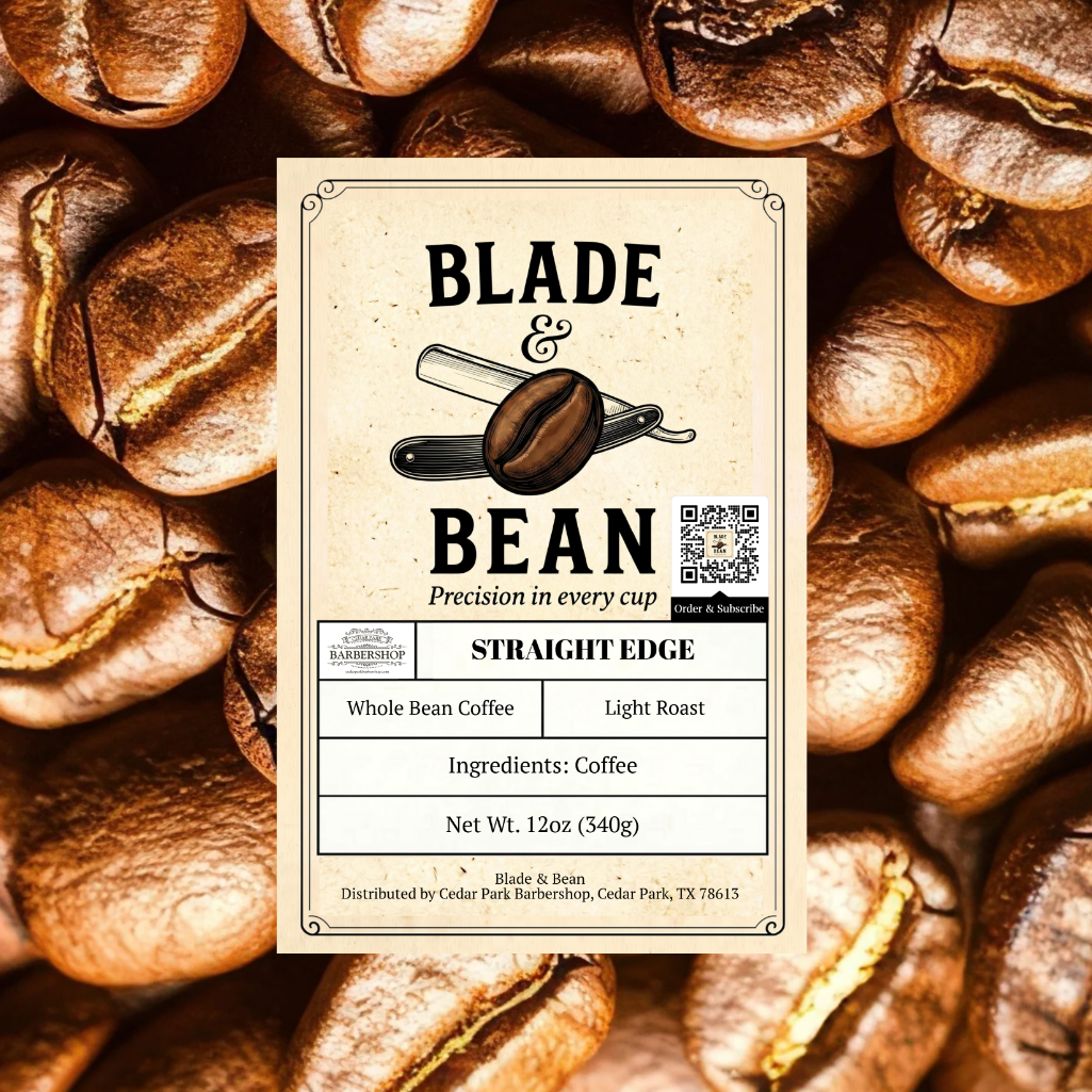 Blade & Bean coffee label on a background of light roast coffee beans