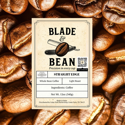Blade & Bean coffee label on a background of light roast coffee beans