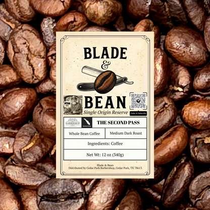A rectangular coffee label reading BLADE & BEAN and The Second Pass, placed over a background of roasted coffee beans. The label includes product details such as whole bean coffee, medium dark roast, and net weight 12 oz (340g).