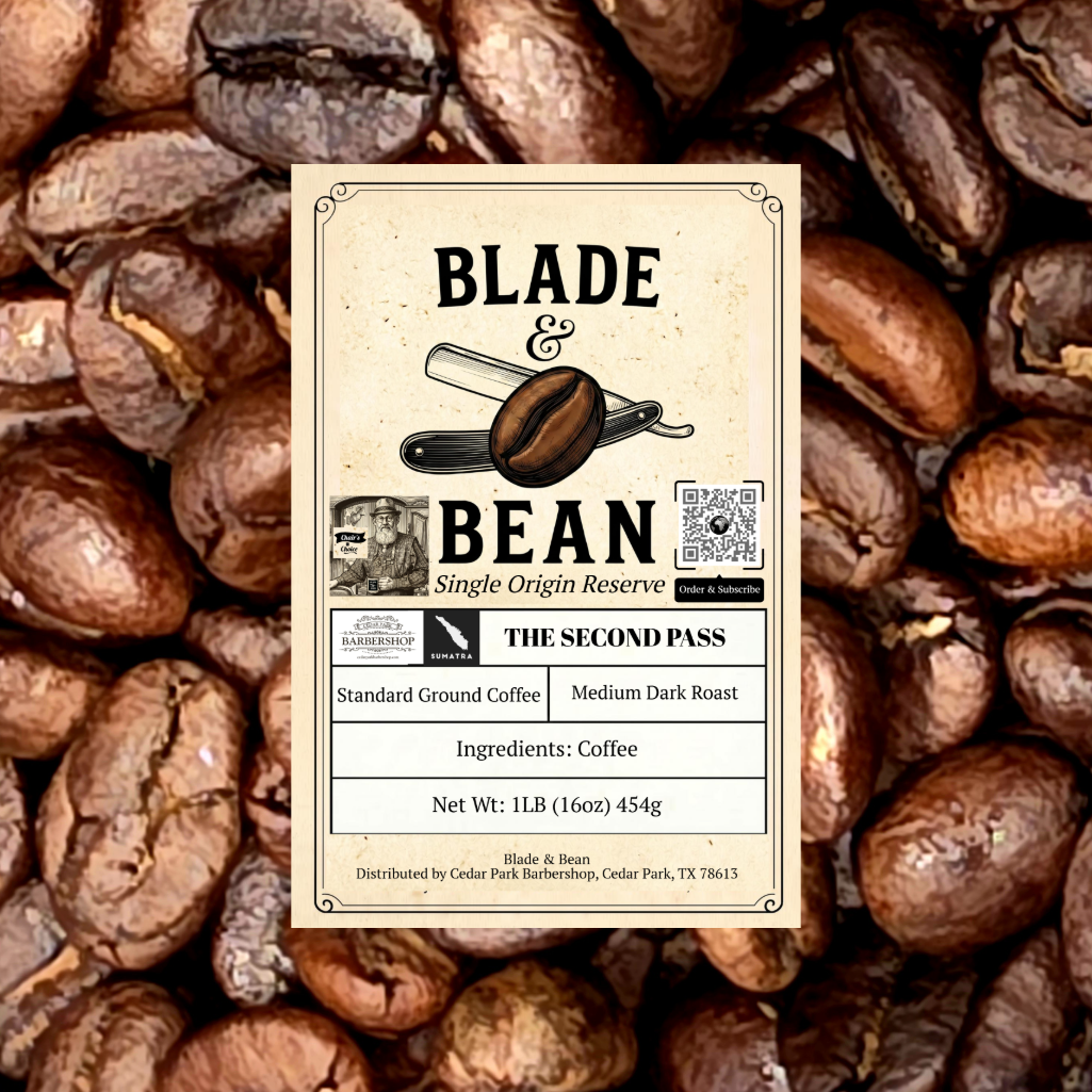 A centered product label for Blade & Bean coffee sits on top of a background filled with roasted coffee beans. The label reads 'BLADE & BEAN', 'Single Origin Reserve', and 'THE SECOND PASS', with coffee bean illustrations and text including 'Standard Ground Coffee', 'Medium Dark Roast', and 'Net Wt: 1LB (16oz) 454g'.