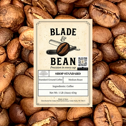 A centered cream-colored product label for Blade & Bean coffee, placed over a background filled with whole coffee beans. The label reads 'BLADE & BEAN,' 'Precision in every cup,' 'SHOP STANDARD,' 'Standard Coffee,' 'Medium Roast,' 'Ingredients: Coffee,' and 'Net Wt: 1 LB (16oz) 454g.