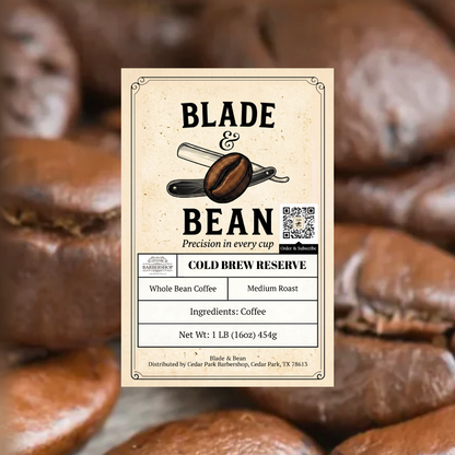 Coffee label for 'Blade & Bean Cold Brew Reserve' with coffee beans in the background