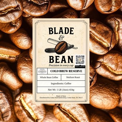 A centered product label for Blade & Bean Cold Brew Reserve coffee, placed over a background of roasted coffee beans. The label reads 'BLADE & BEAN,' 'COLD BREW RESERVE,' 'Whole Bean Coffee,' 'Medium Roast,' 'Ingredients: Coffee,' and 'Net Wt: 1 LB (16oz) 454g.