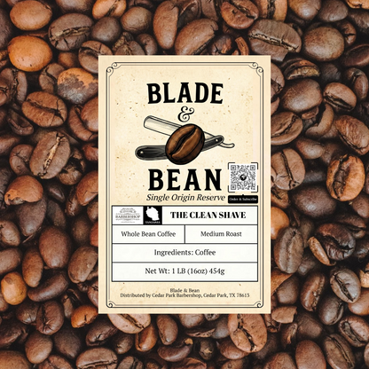 Blade & Bean coffee label on a bed of coffee beans