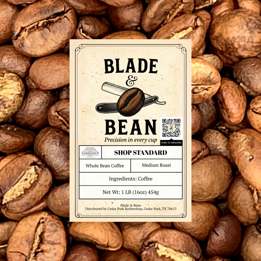 A centered product label for Blade & Bean coffee stands against a background filled with whole coffee beans. The label reads 'BLADE & BEAN,' 'Precision in every cup,' 'Whole Bean Coffee,' 'Medium Roast,' and shows a small logo for Coler Park Barbourback.