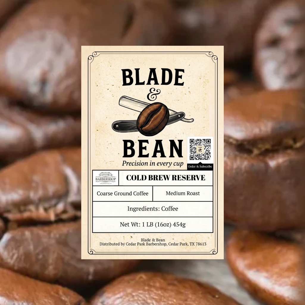 Coffee label for 'Blade & Bean Cold Brew Reserve' with coffee beans in the background