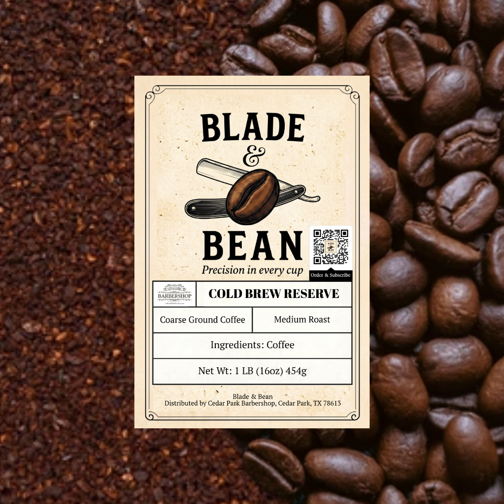Coffee label for 'Blade & Bean Cold Brew Reserve' with coffee beans and grounds in the background