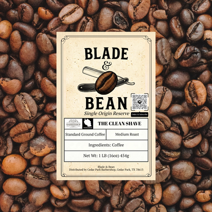 Coffee label for 'Blade & Bean' on a background of coffee beans