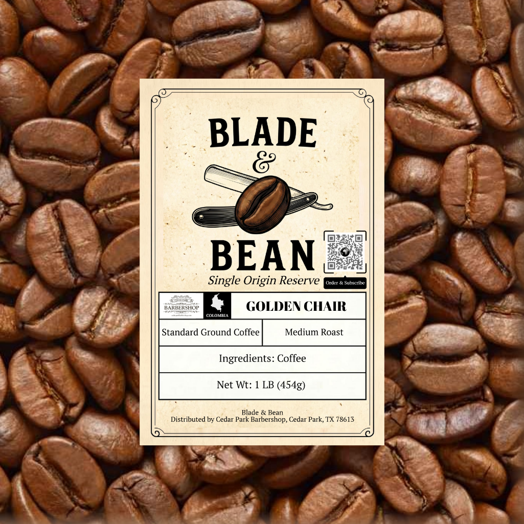 Coffee label for 'Blade & Bean' on a background of coffee beans