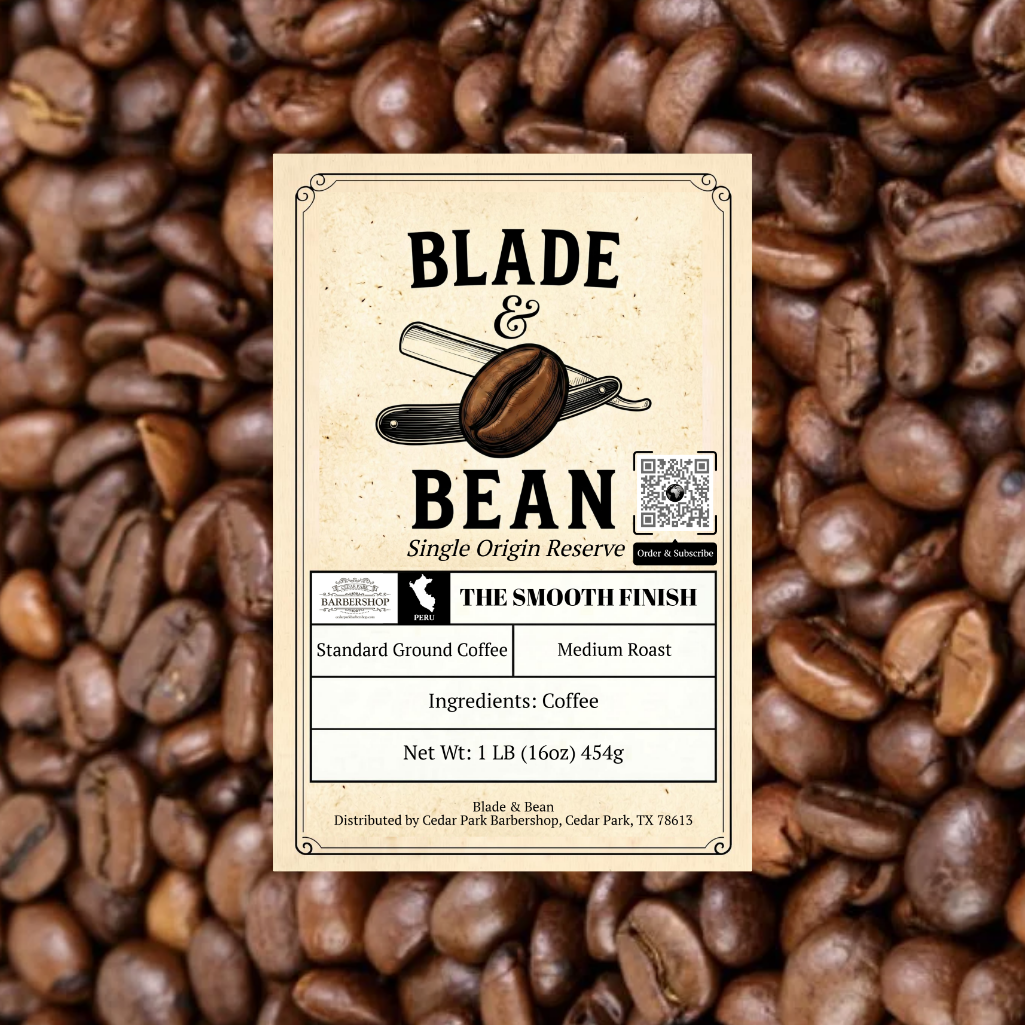 Coffee label for 'Blade & Bean' on a background of coffee beans