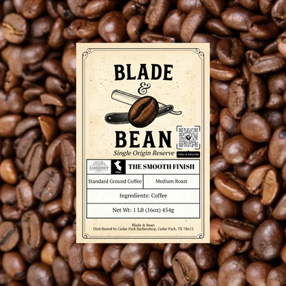 Coffee label for 'Blade & Bean' on a background of coffee beans