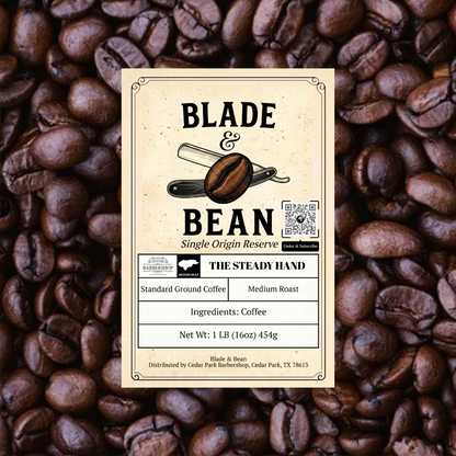 Coffee label for 'Blade & Bean' on a background of coffee beans