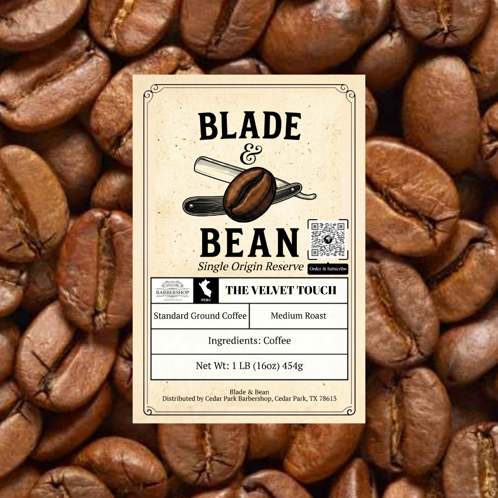 Coffee bean label for 'Blade & Bean' on a background of coffee beans