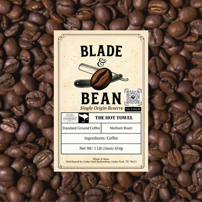 Coffee label for 'Blade & Bean' on a background of coffee beans